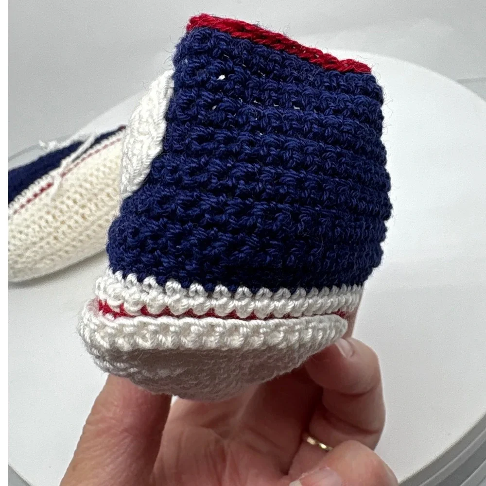 Handmade Crochet Baby Shoes High Top Sneaker Navy Blue White‎ Red Baby Shower